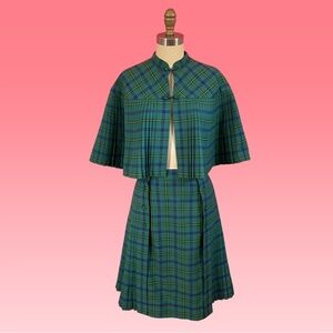 *3-Piece* 50s/60s Rare Preppy Plaid Pleated Cape/Skirt/Peplum Charming Set XS